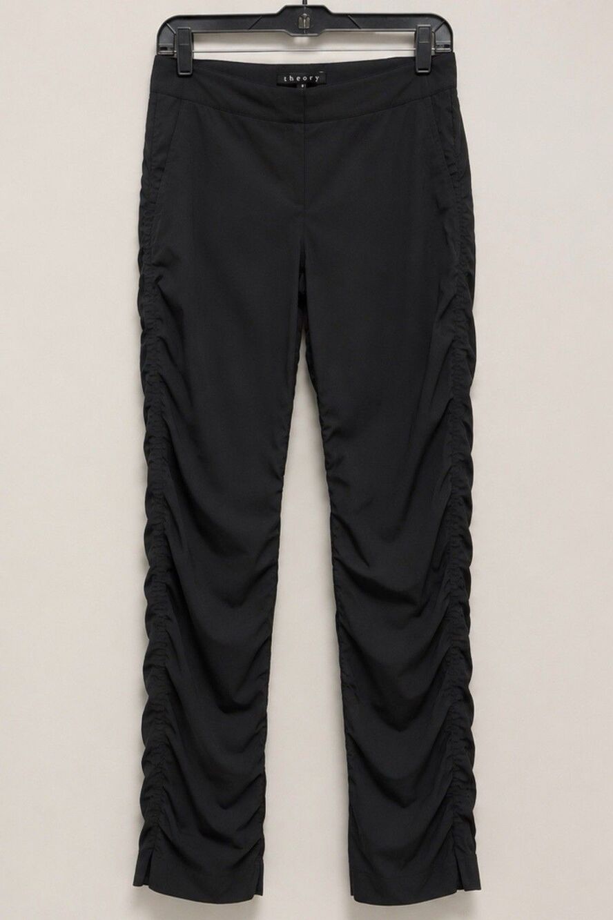 Theory Shira Hi-Tech Ruched Pants 2 Black Wool Blend Slim Leg Shirred Zip Hem